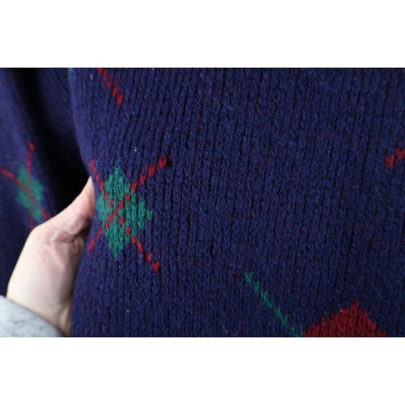Vintage 70s Streetwear Womens Large Distressed Argyle Wool Ribbed Knit Sweater - Picture 4 of 14